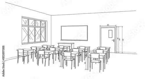 Empty Classroom with Desks and Chairs Ready for Students.