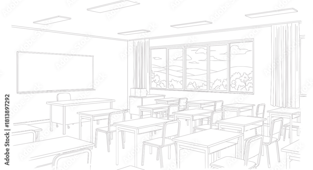 Fototapeta premium Empty Classroom with Desks and Whiteboard Ready for Learning.