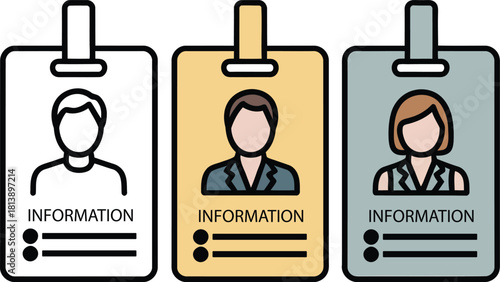 A colorful row of illustrated identification badges with different portrait styles