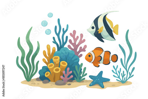 Brightly colored tropical fish and starfish swimming near diverse coral and seaweed on the ocean floor