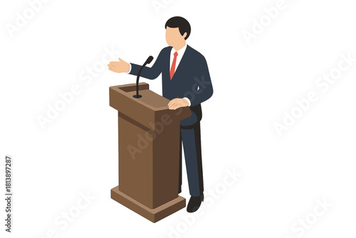 Professional speaker delivering a presentation from a lectern in isometric view