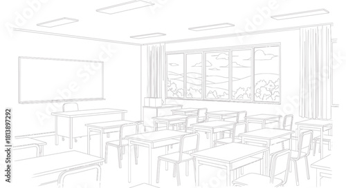 Empty Classroom with Desks and Whiteboard Ready for Learning.