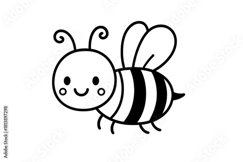 Adorable smiling honey bee character in simple black and white outline design