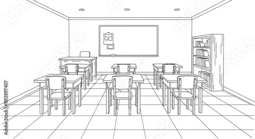 Empty Classroom with Desks and Whiteboard Ready for Learning.