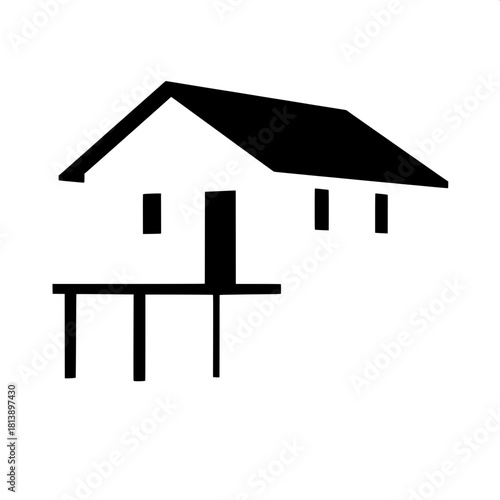A stylized flat-design black-and-white house silhouette with clean strong lines and a minimalist composition, showcasing a simple front porch supported by four slender posts, set against a plain backg
