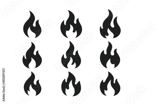 Nine stylized black flame icons representing heat energy or danger symbols