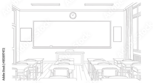Empty Classroom with Desks and Whiteboard Ready for Students.