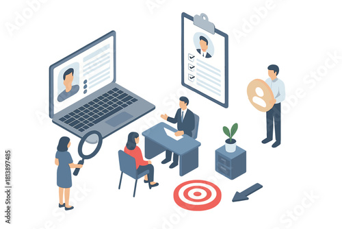 Isometric human resources management, job interview, candidate selection, and recruitment strategy
