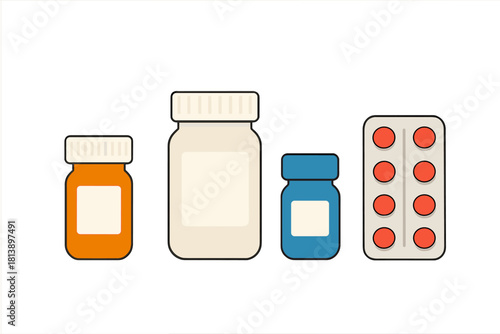 Assortment of pharmaceutical containers including prescription bottles and a blister pack of tablets