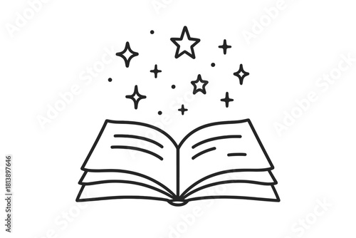 Doodle icon of an open magic book with sparkling stars and glowing particles emerging