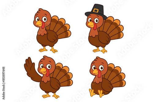 Four adorable cartoon turkey characters posing for holiday design, one wearing a pilgrim hat