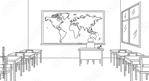 Empty Classroom with World Map on Wall and Desks.