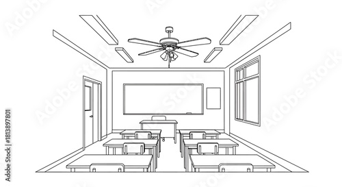 Empty School Classroom Interior Perspective Line Art Drawing.