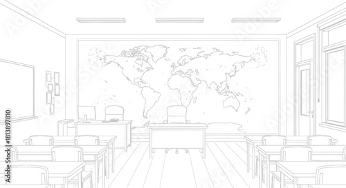 Empty classroom with world map on wall, ready for global studies.