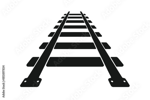 Black silhouette of train tracks disappearing into the horizon perspective view