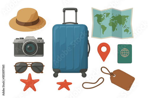Collection of travel accessories for summer vacation including luggage passport and beach items