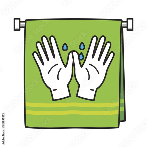 Hand drawn illustration of two clean hands dripping water, symbolizing washing or drying hands after hygiene routine, hanging over a green towel on a rack