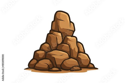 Cartoonish pile of brown rocks and natural stones stacked high, isolated graphic element for game design