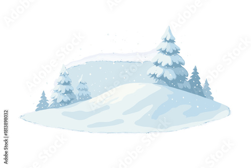 Snowy winter landscape with evergreen pine trees on a gentle hill during a light snowfall