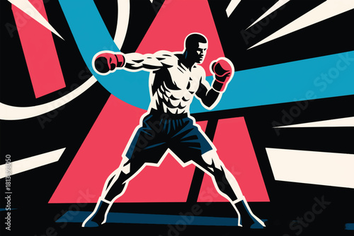 Vector illustration of male boxer in fighting stance with abstract red and blue graphic background.