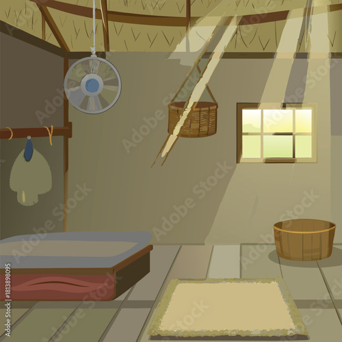Inside a farmer’s mud house kitchen with a clay stove vector illustration ai generated art