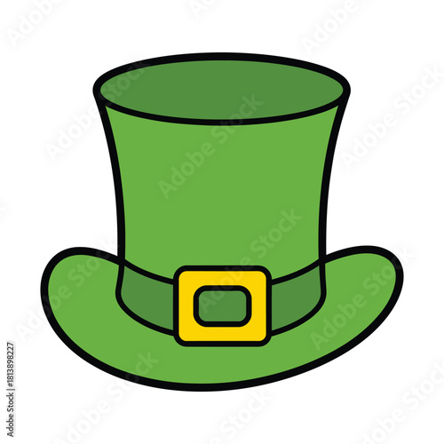 Simple cartoon illustration of a bright green leprechaun top hat with a yellow buckle, isolated on