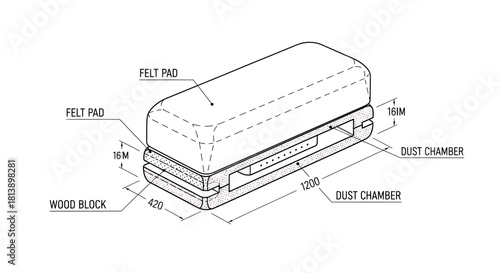 Detailed Isometric Drawing of a Chalkboard Eraser with Dimensions and Components.