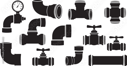 Collection of Black Silhouettes of Plumbing Pipes and Fixtures