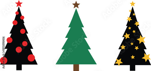 Set of Three Christmas Tree Icons Vector, Decorated with Stars and Ornaments, Flat Design Holiday Graphic Elements Collection, Isolated