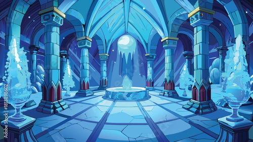 Grand icy interior with glowing blue light tall corridor vector illustration ai generated art