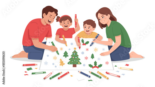Christmas art activities: A family engages in a heartwarming festive activity, coloring intricate Christmas art, symbolizing togetherness, creativity and the holiday spirit.