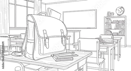 Detailed school bag on a desk in a classroom setting ready for learning.