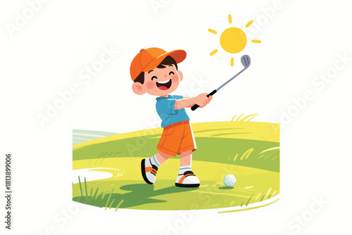 Vector cartoon illustration of young boy playing golf on sunny day with joyful expression.