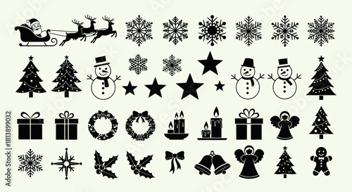 A comprehensive collection of black silhouette Christmas icons and symbols for festive holiday design