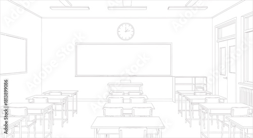 Empty Classroom Interior Outline Drawing with Desks and Whiteboard.