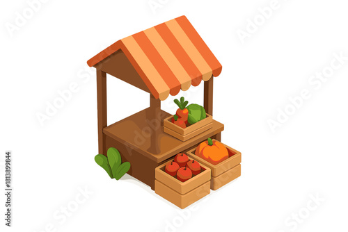 Cute farmers market stall with fresh organic produce displayed in wooden crates