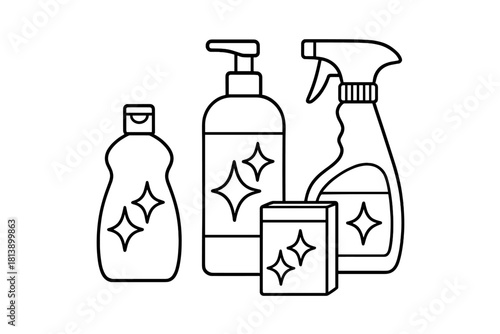 Bottles of household cleaning supplies, detergents, and hygiene products