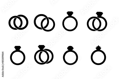 Collection of simple black silhouette icons featuring wedding bands and diamond engagement rings