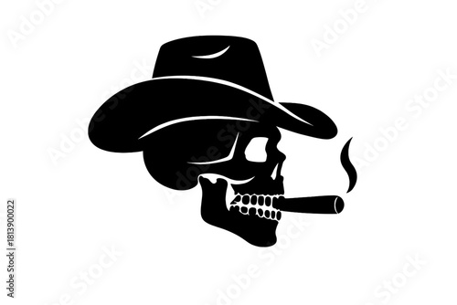 Black silhouette of a smoking skull wearing a classic cowboy hat in profile view