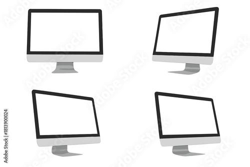 Four modern desktop computer monitors with blank white screens on a clean background