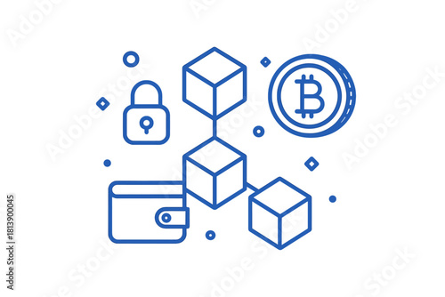 Cryptocurrency blockchain network security and digital wallet line art icons