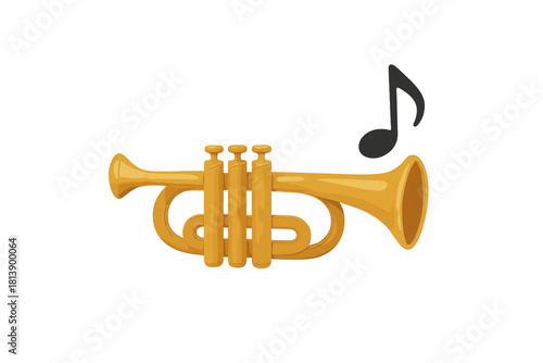 Stylized golden trumpet brass instrument with a black musical note floating above the bell