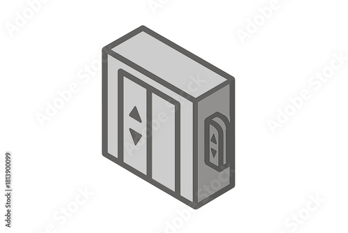 Isometric graphic showing an elevator lift door with up and down call buttons
