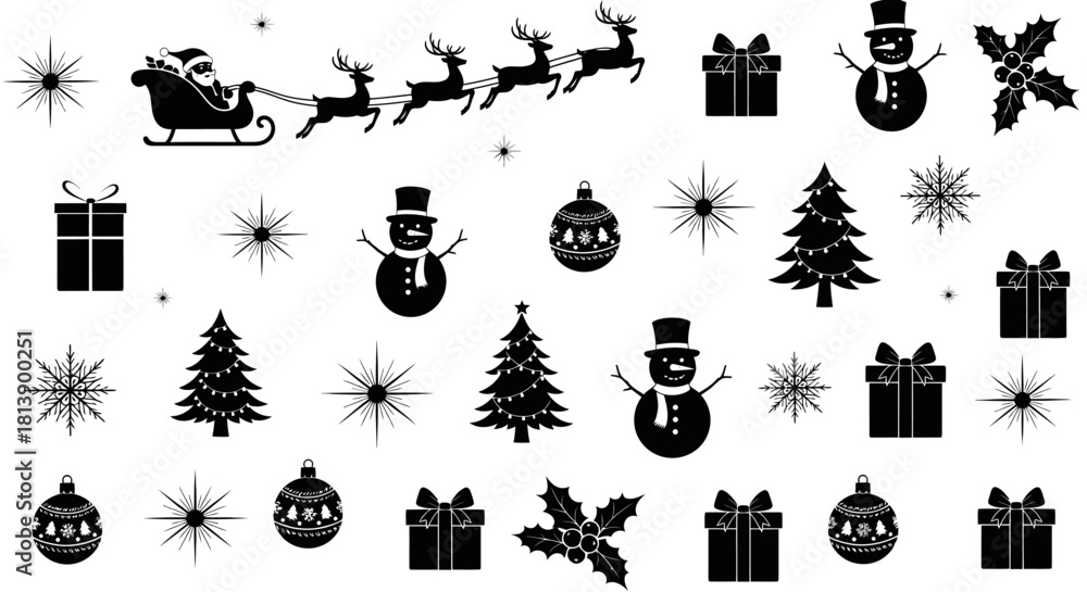 Naklejka premium A diverse collection of black silhouette Christmas icons featuring Santa, reindeer, snowmen, and festive decorations for holiday design