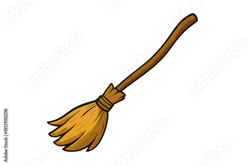 Classic traditional wooden broomstick with straw bristles used for sweeping