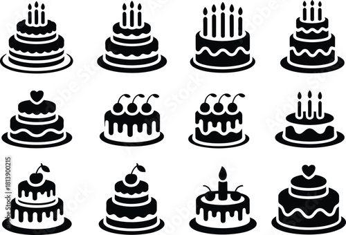 Collection of various tiered cake designs in black and white illustration