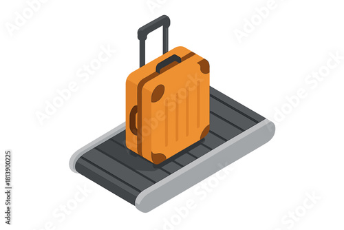 Orange travel suitcase moving on an airport baggage claim conveyor belt