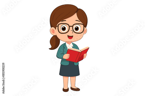 Cute cartoon woman wearing glasses and professional attire holding an open book