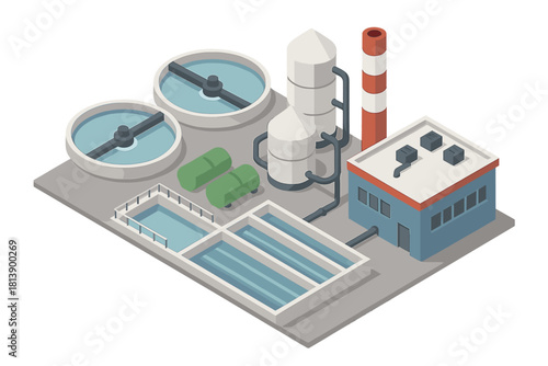 Isometric view of a modern industrial water purification and sewage treatment plant facility