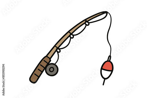 Simple cartoon fishing rod with reel and bobber for outdoor recreation and hobby